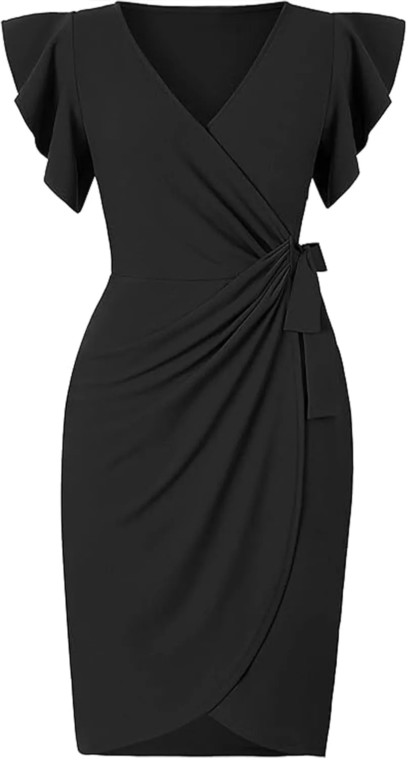 2025 Womens Deep V Neck Ruffle Sleeve Plus Size Work Cocktail Party Elegant Ruched Midi Wrap Dress with Belt