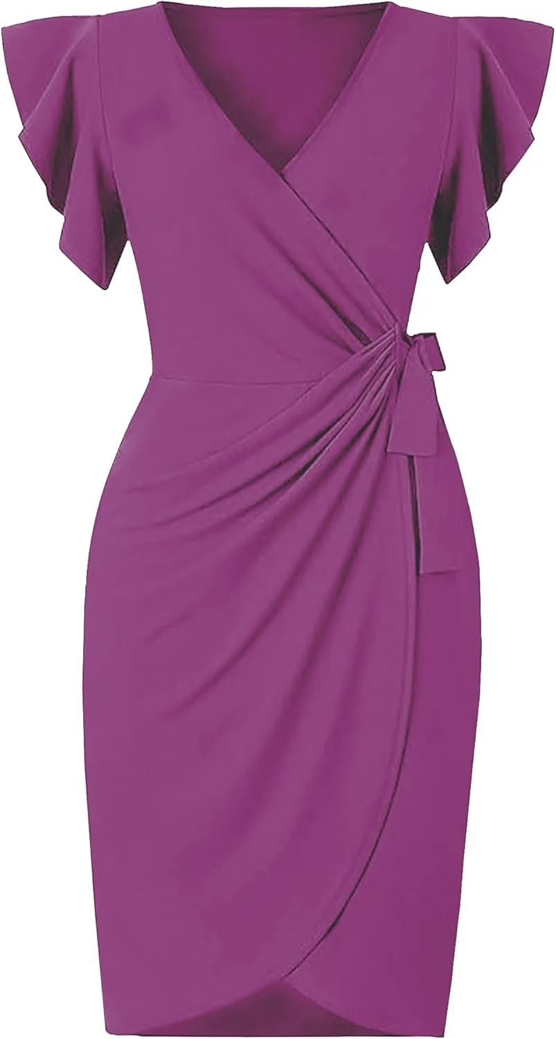 2025 Womens Deep V Neck Ruffle Sleeve Plus Size Work Cocktail Party Elegant Ruched Midi Wrap Dress with Belt