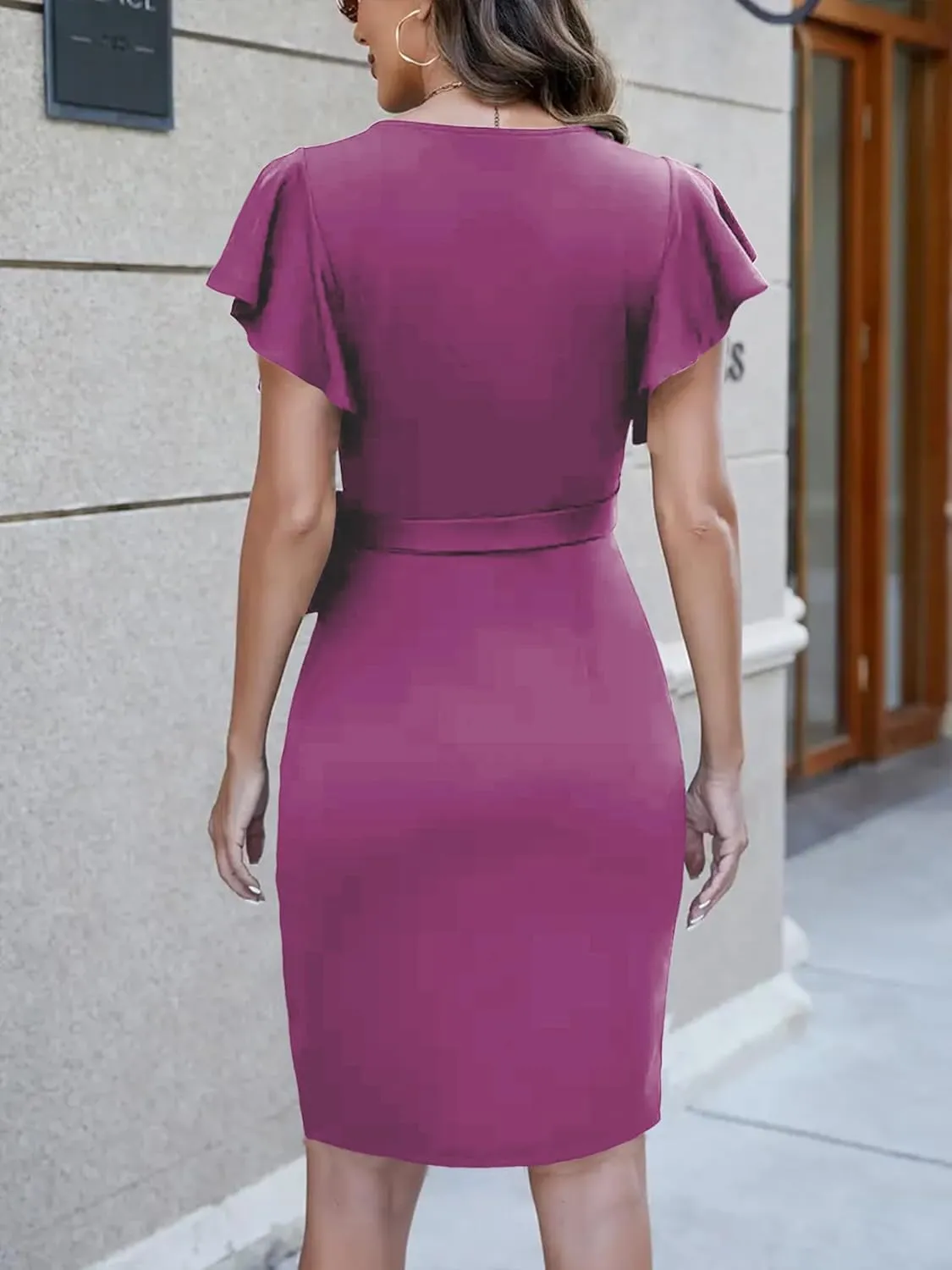 2025 Womens Deep V Neck Ruffle Sleeve Plus Size Work Cocktail Party Elegant Ruched Midi Wrap Dress with Belt