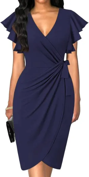2025 Womens Deep V Neck Ruffle Sleeve Plus Size Work Cocktail Party Elegant Ruched Midi Wrap Dress with Belt