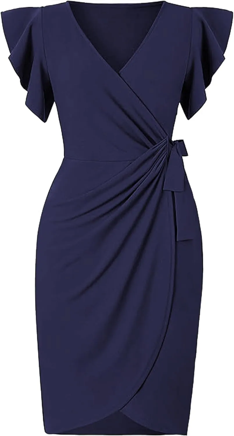 2025 Womens Deep V Neck Ruffle Sleeve Plus Size Work Cocktail Party Elegant Ruched Midi Wrap Dress with Belt