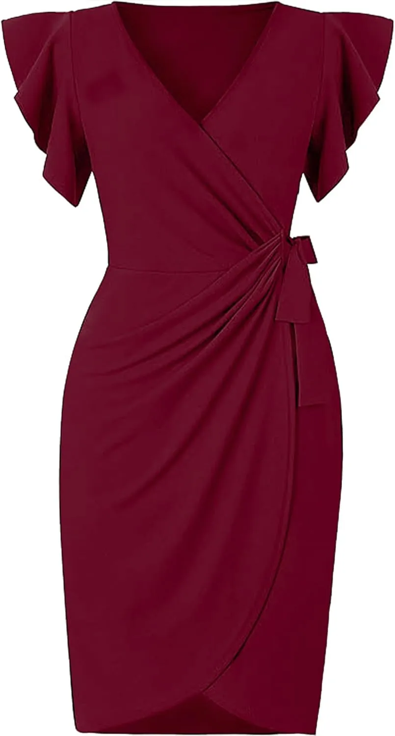 2025 Womens Deep V Neck Ruffle Sleeve Plus Size Work Cocktail Party Elegant Ruched Midi Wrap Dress with Belt