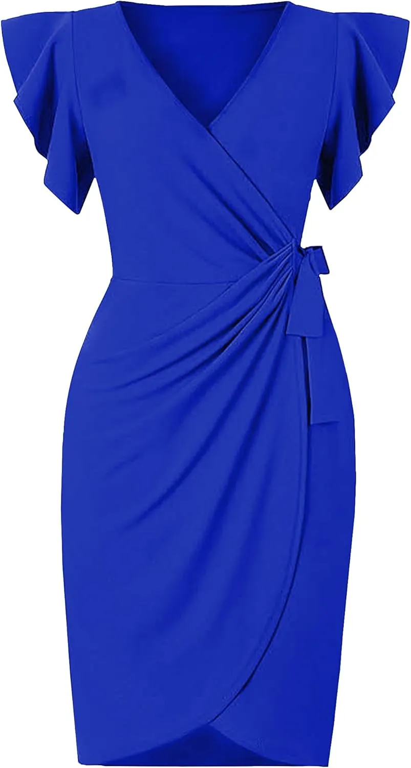 2025 Womens Deep V Neck Ruffle Sleeve Plus Size Work Cocktail Party Elegant Ruched Midi Wrap Dress with Belt