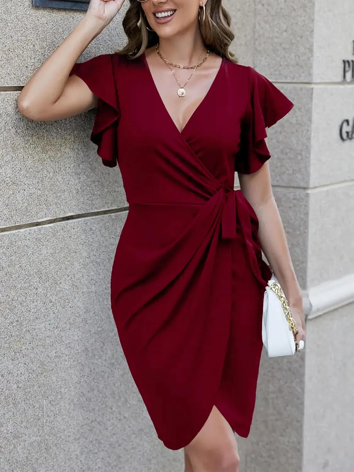 2025 Womens Deep V Neck Ruffle Sleeve Plus Size Work Cocktail Party Elegant Ruched Midi Wrap Dress with Belt
