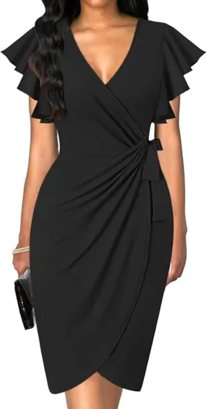 2025 Womens Deep V Neck Ruffle Sleeve Plus Size Work Cocktail Party Elegant Ruched Midi Wrap Dress with Belt