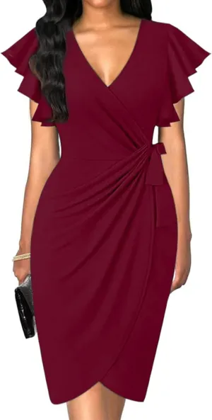 2025 Womens Deep V Neck Ruffle Sleeve Plus Size Work Cocktail Party Elegant Ruched Midi Wrap Dress with Belt