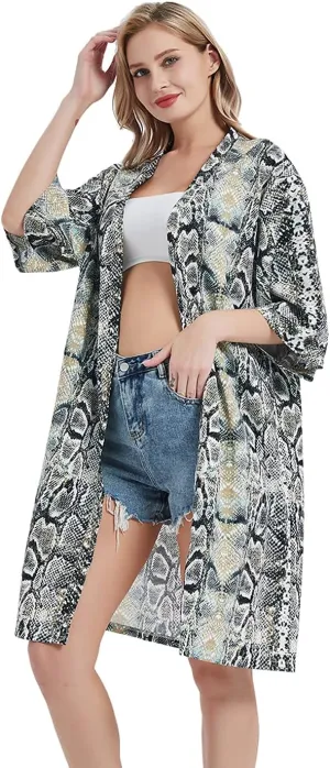 Anna-Kaci Women Print Short Sleeve Cardigan Long Open Stuff Kimonos Loose Casual Cover Up Shirts