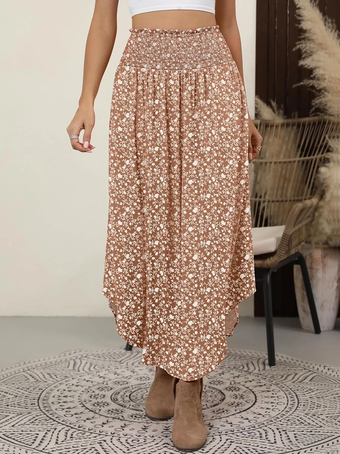 ANRABESS Women's Summer Boho Floral Maxi Skirts High Waisted Flowy Swing Pleated Beach Long Skirt with Pockets