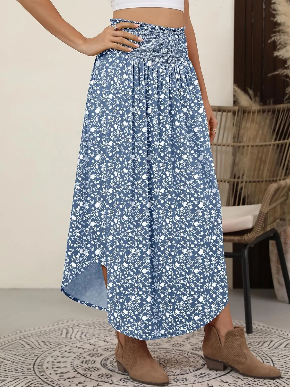 ANRABESS Women's Summer Boho Floral Maxi Skirts High Waisted Flowy Swing Pleated Beach Long Skirt with Pockets