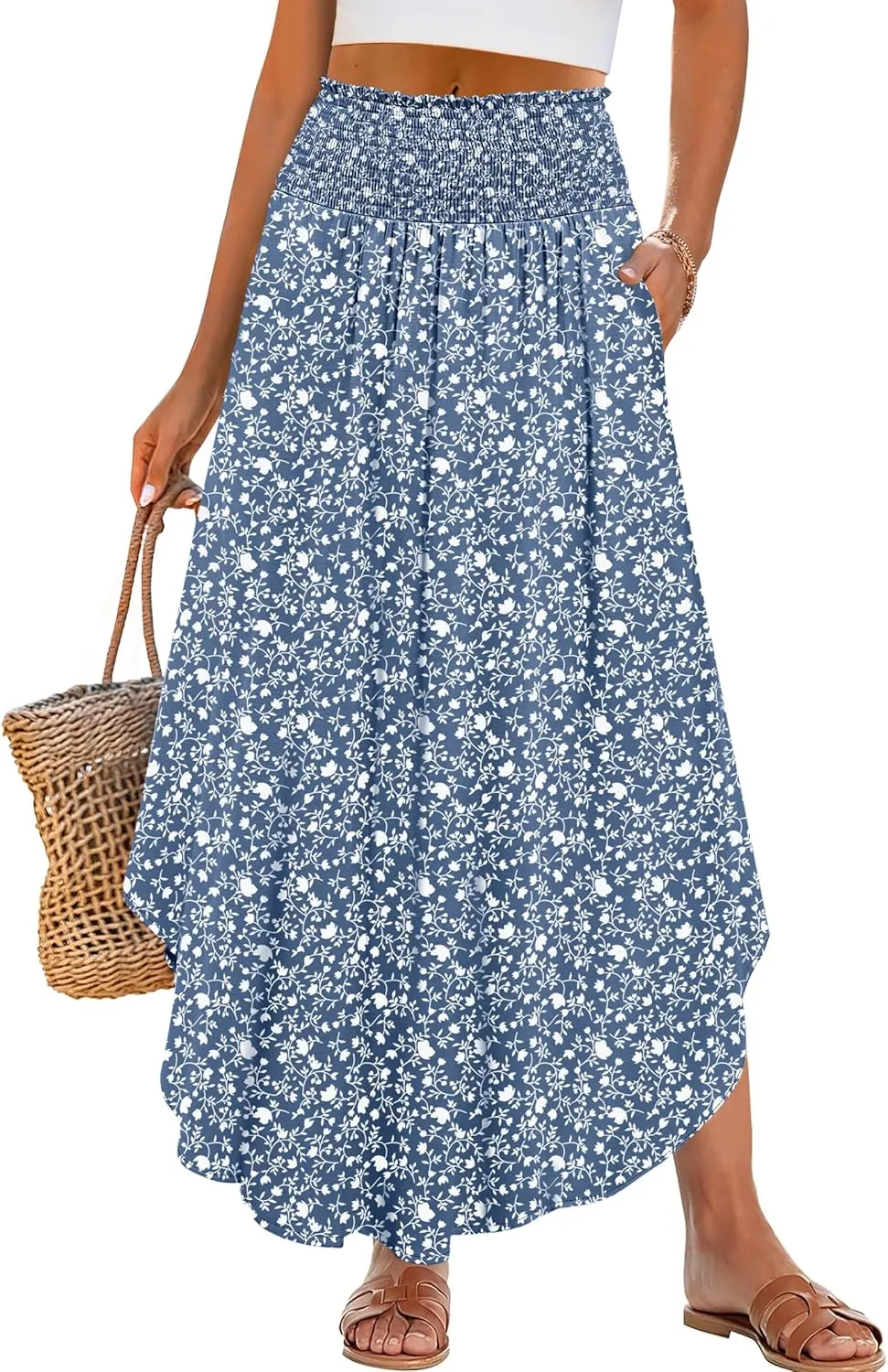ANRABESS Women's Summer Boho Floral Maxi Skirts High Waisted Flowy Swing Pleated Beach Long Skirt with Pockets