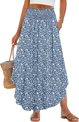 ANRABESS Women's Summer Boho Floral Maxi Skirts High Waisted Flowy Swing Pleated Beach Long Skirt with Pockets