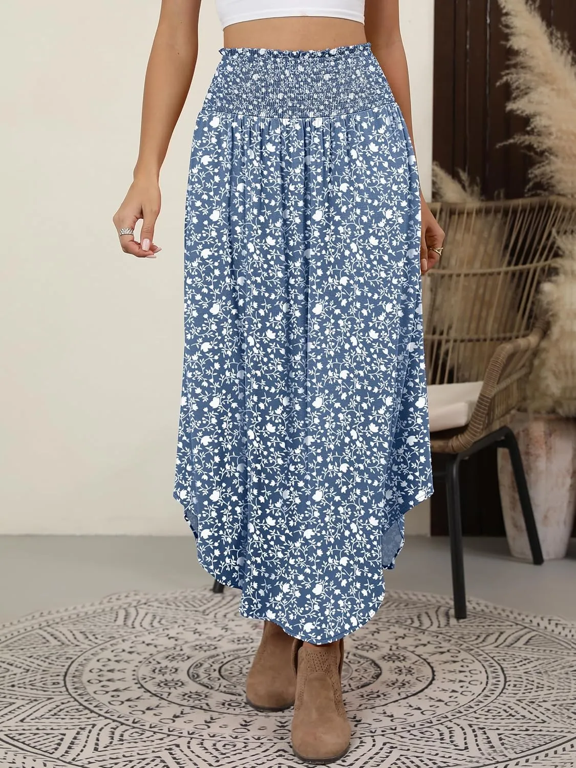 ANRABESS Women's Summer Boho Floral Maxi Skirts High Waisted Flowy Swing Pleated Beach Long Skirt with Pockets