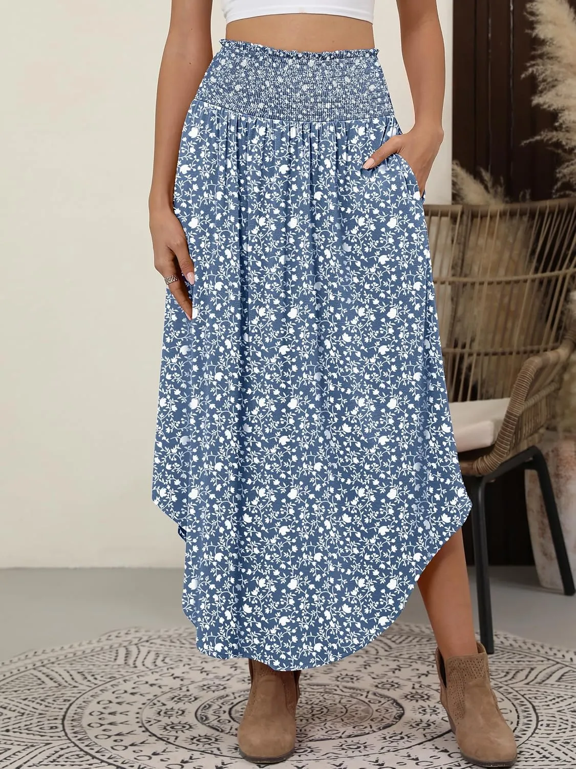 ANRABESS Women's Summer Boho Floral Maxi Skirts High Waisted Flowy Swing Pleated Beach Long Skirt with Pockets