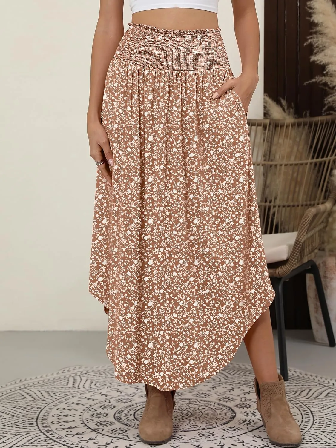 ANRABESS Women's Summer Boho Floral Maxi Skirts High Waisted Flowy Swing Pleated Beach Long Skirt with Pockets