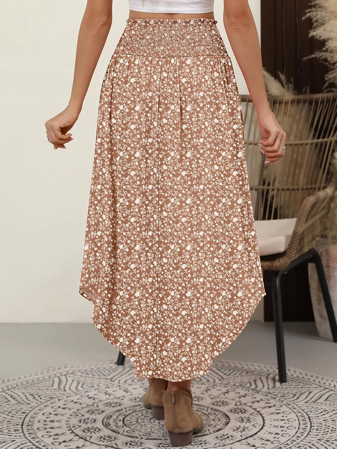 ANRABESS Women's Summer Boho Floral Maxi Skirts High Waisted Flowy Swing Pleated Beach Long Skirt with Pockets
