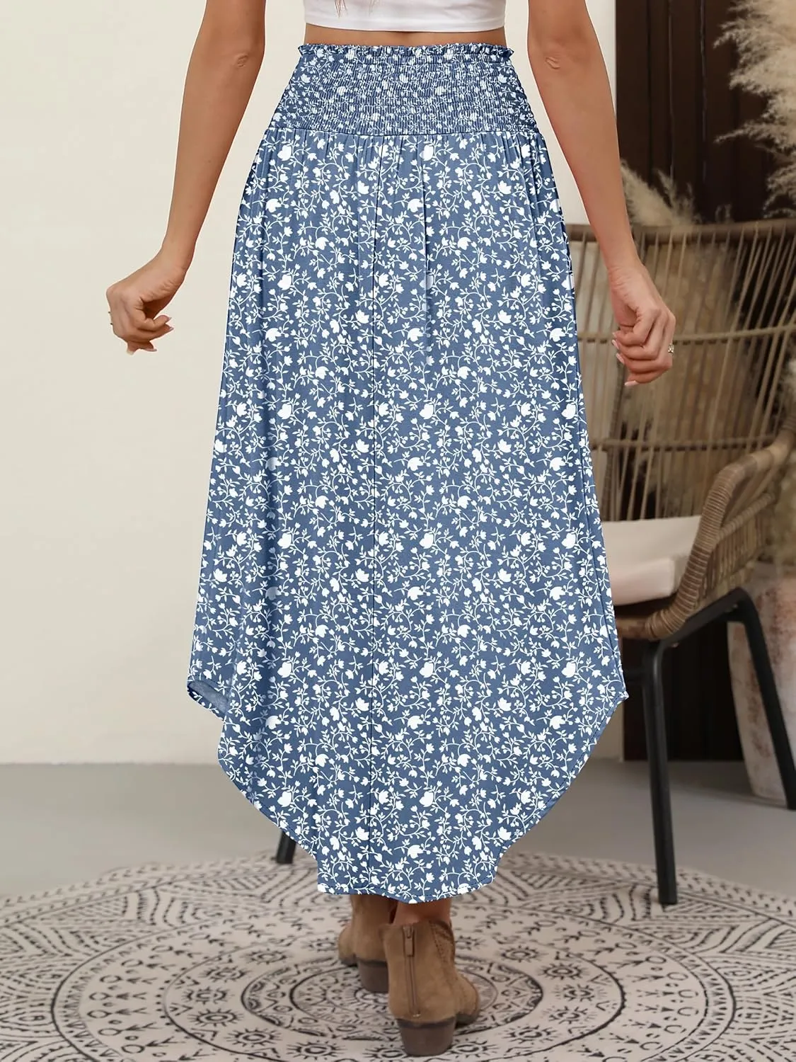 ANRABESS Women's Summer Boho Floral Maxi Skirts High Waisted Flowy Swing Pleated Beach Long Skirt with Pockets