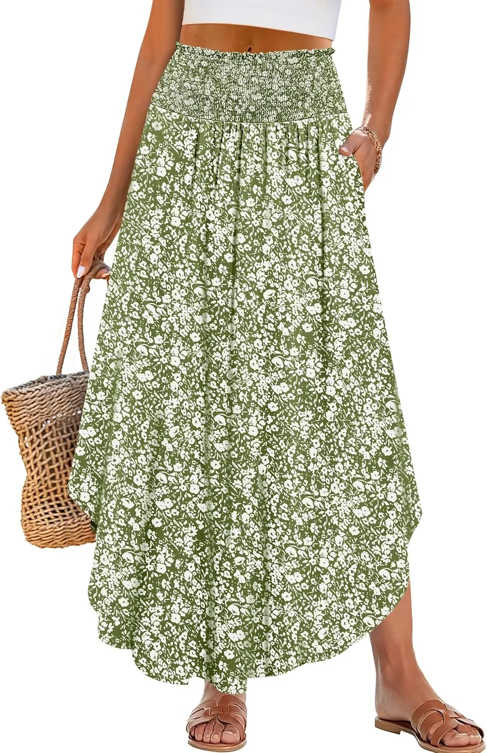 ANRABESS Women's Summer Boho Floral Maxi Skirts High Waisted Flowy Swing Pleated Beach Long Skirt with Pockets