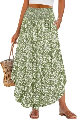 ANRABESS Women's Summer Boho Floral Maxi Skirts High Waisted Flowy Swing Pleated Beach Long Skirt with Pockets