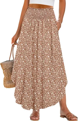 ANRABESS Women's Summer Boho Floral Maxi Skirts High Waisted Flowy Swing Pleated Beach Long Skirt with Pockets