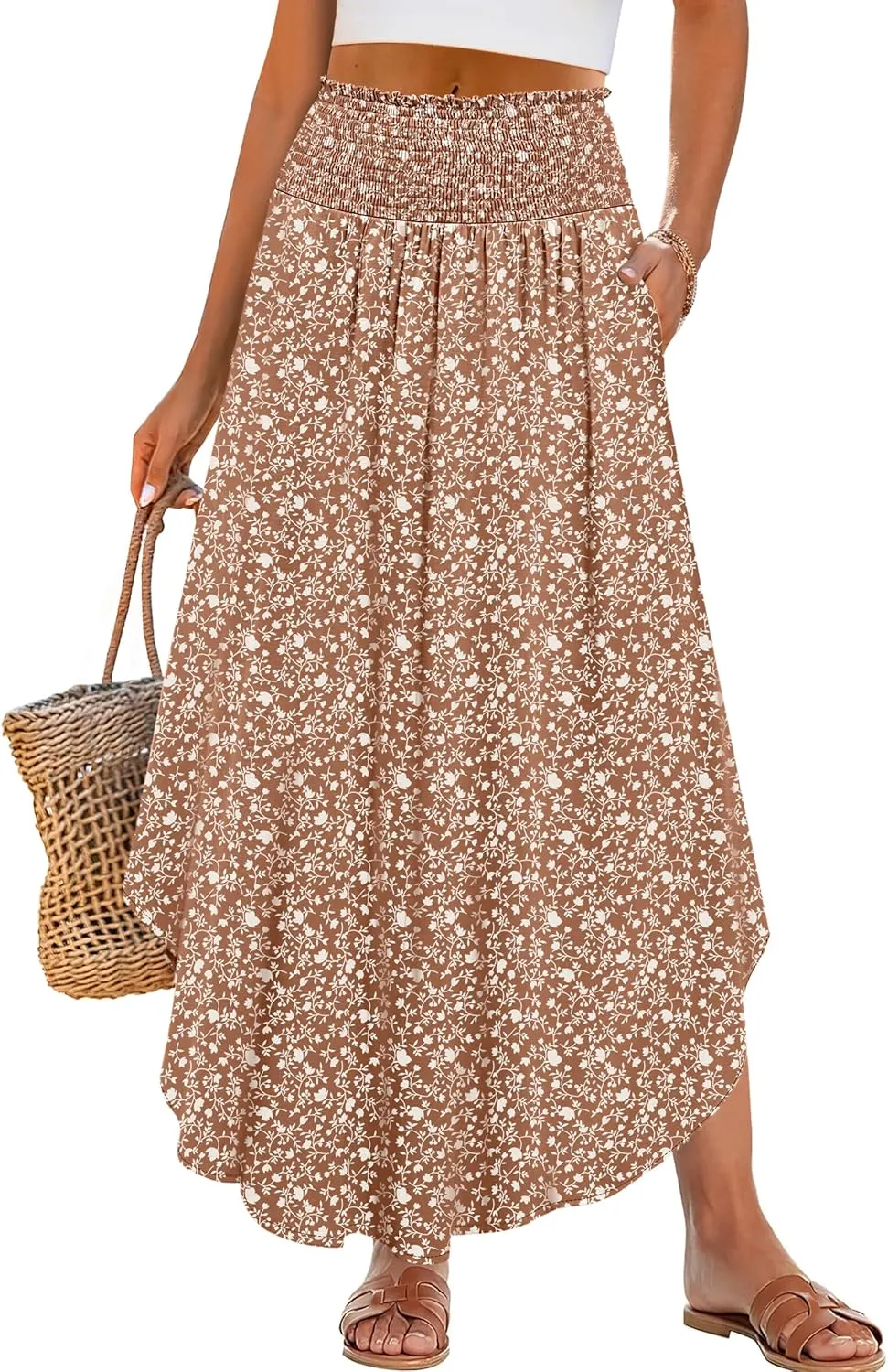 ANRABESS Women's Summer Boho Floral Maxi Skirts High Waisted Flowy Swing Pleated Beach Long Skirt with Pockets