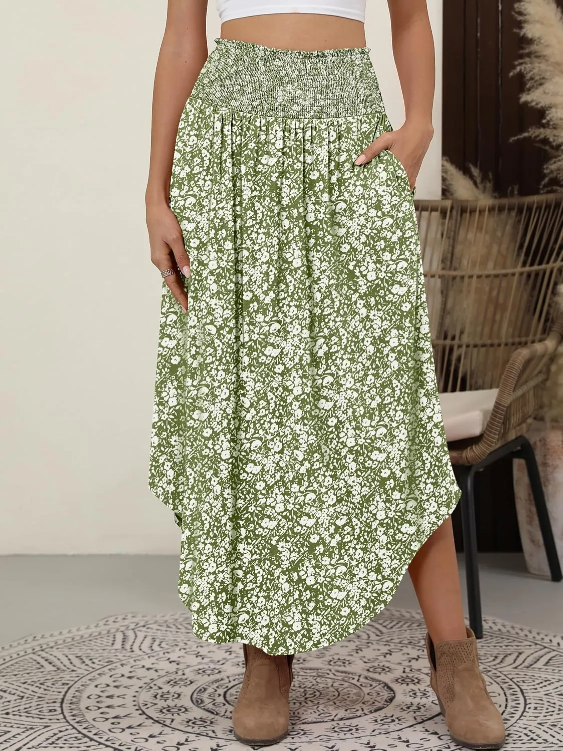 ANRABESS Women's Summer Boho Floral Maxi Skirts High Waisted Flowy Swing Pleated Beach Long Skirt with Pockets