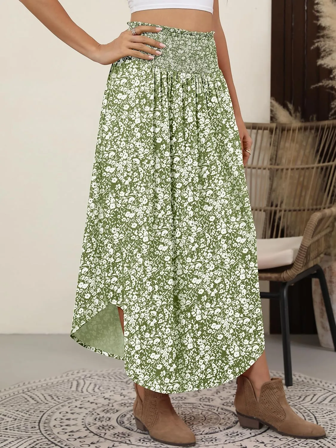 ANRABESS Women's Summer Boho Floral Maxi Skirts High Waisted Flowy Swing Pleated Beach Long Skirt with Pockets