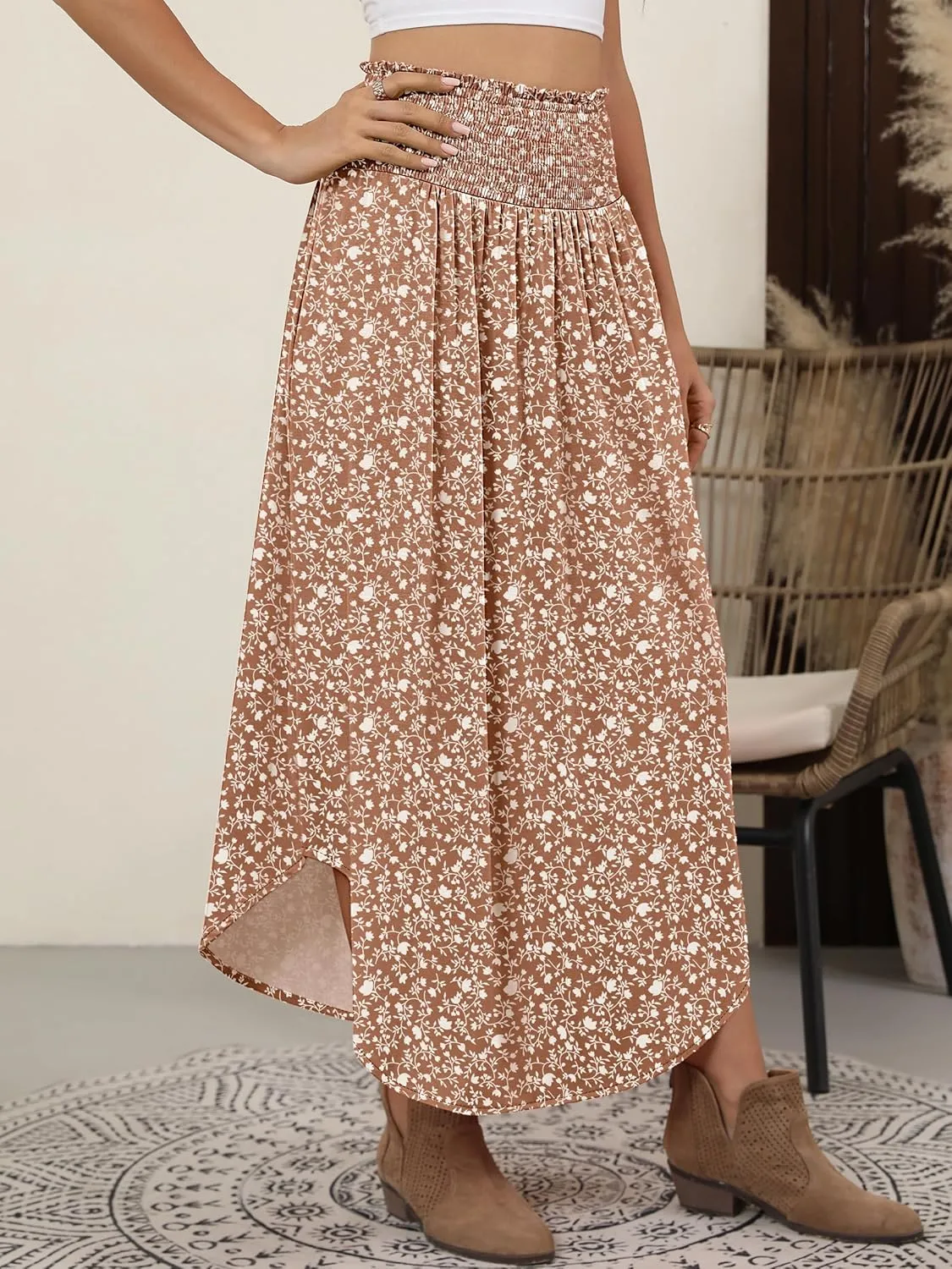 ANRABESS Women's Summer Boho Floral Maxi Skirts High Waisted Flowy Swing Pleated Beach Long Skirt with Pockets