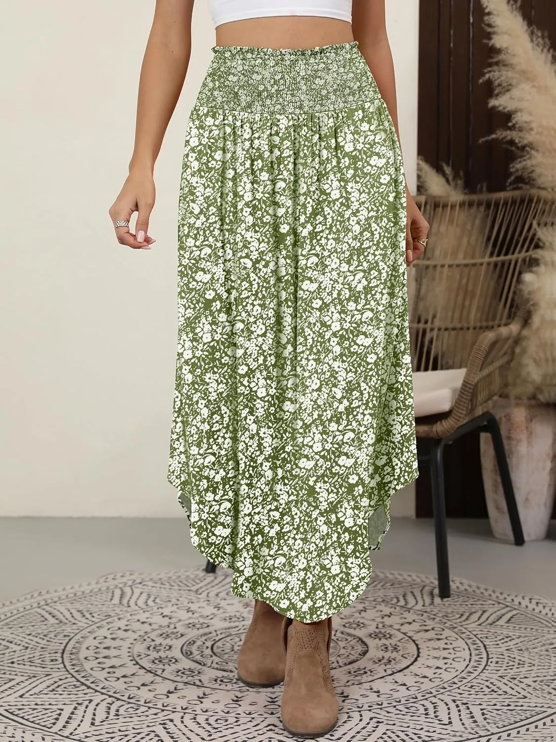 ANRABESS Women's Summer Boho Floral Maxi Skirts High Waisted Flowy Swing Pleated Beach Long Skirt with Pockets