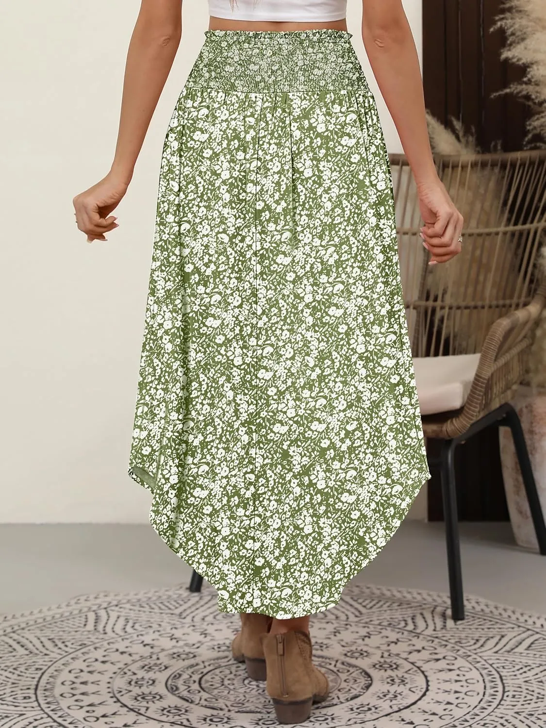 ANRABESS Women's Summer Boho Floral Maxi Skirts High Waisted Flowy Swing Pleated Beach Long Skirt with Pockets