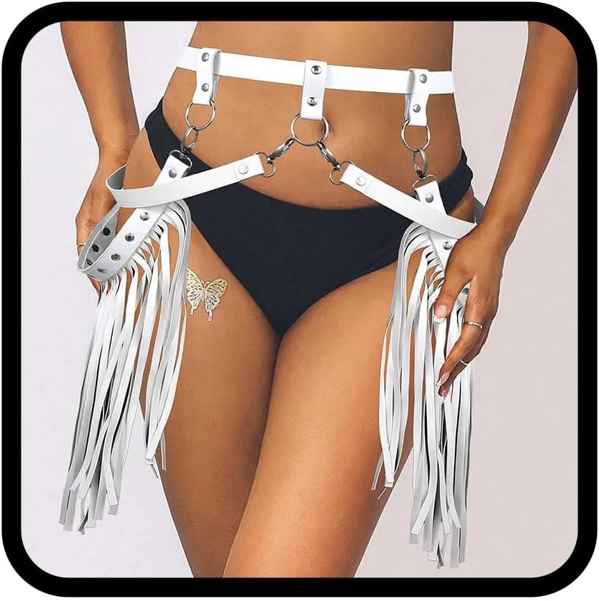 Asooll Punk Leather Waist Chain Tassel Fringe Belly Belt Harness Bikini Rave Body Accessories Jewerly for Women and Girls