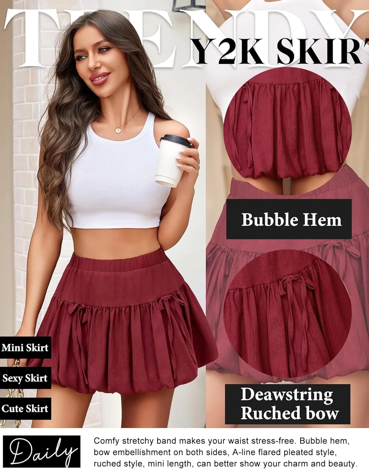 Avidlove Mini Skirt for Women Sexy Bubble Puffy Hem Y2K Elastic Waist A Line Basic Casual Skirts S-XXL