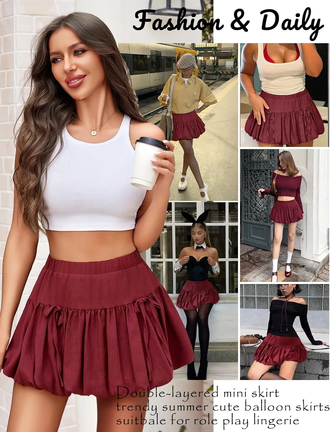 Avidlove Mini Skirt for Women Sexy Bubble Puffy Hem Y2K Elastic Waist A Line Basic Casual Skirts S-XXL
