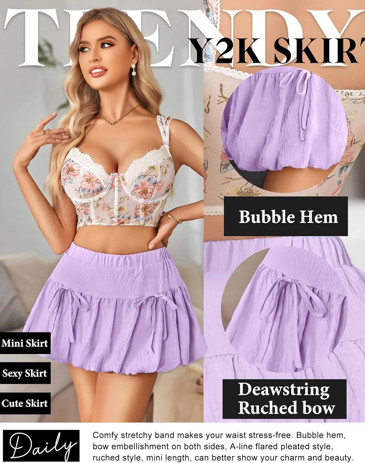 Avidlove Mini Skirt for Women Sexy Bubble Puffy Hem Y2K Elastic Waist A Line Basic Casual Skirts S-XXL