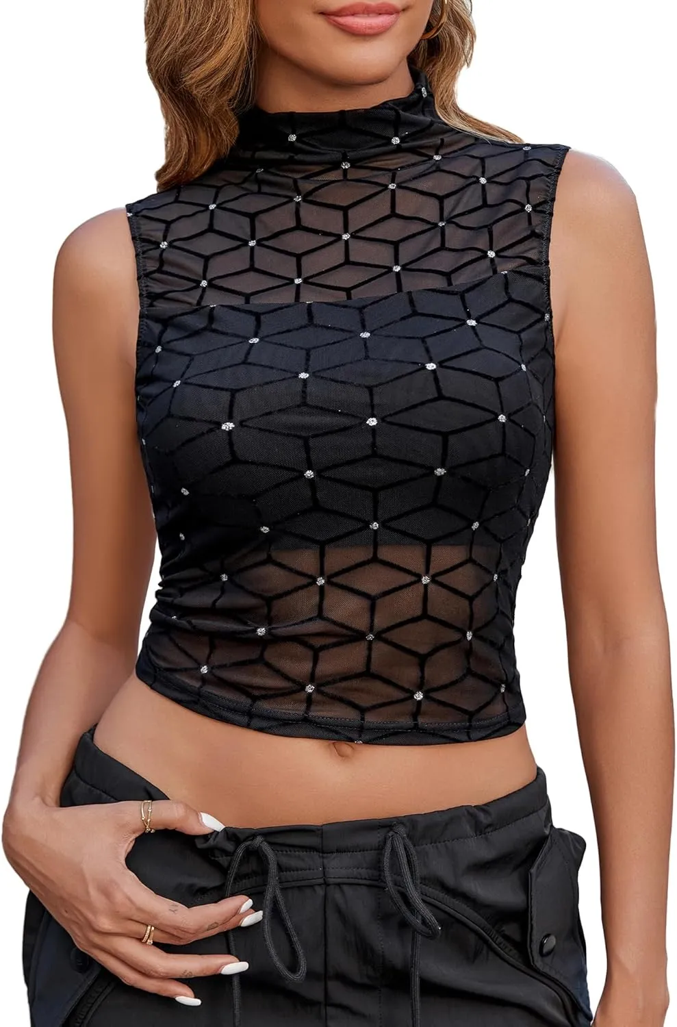 Avidlove Sexy Mesh Top Women's Sleeveless Sheer Tops Mock Neck See Through Tank Blouses Shirts