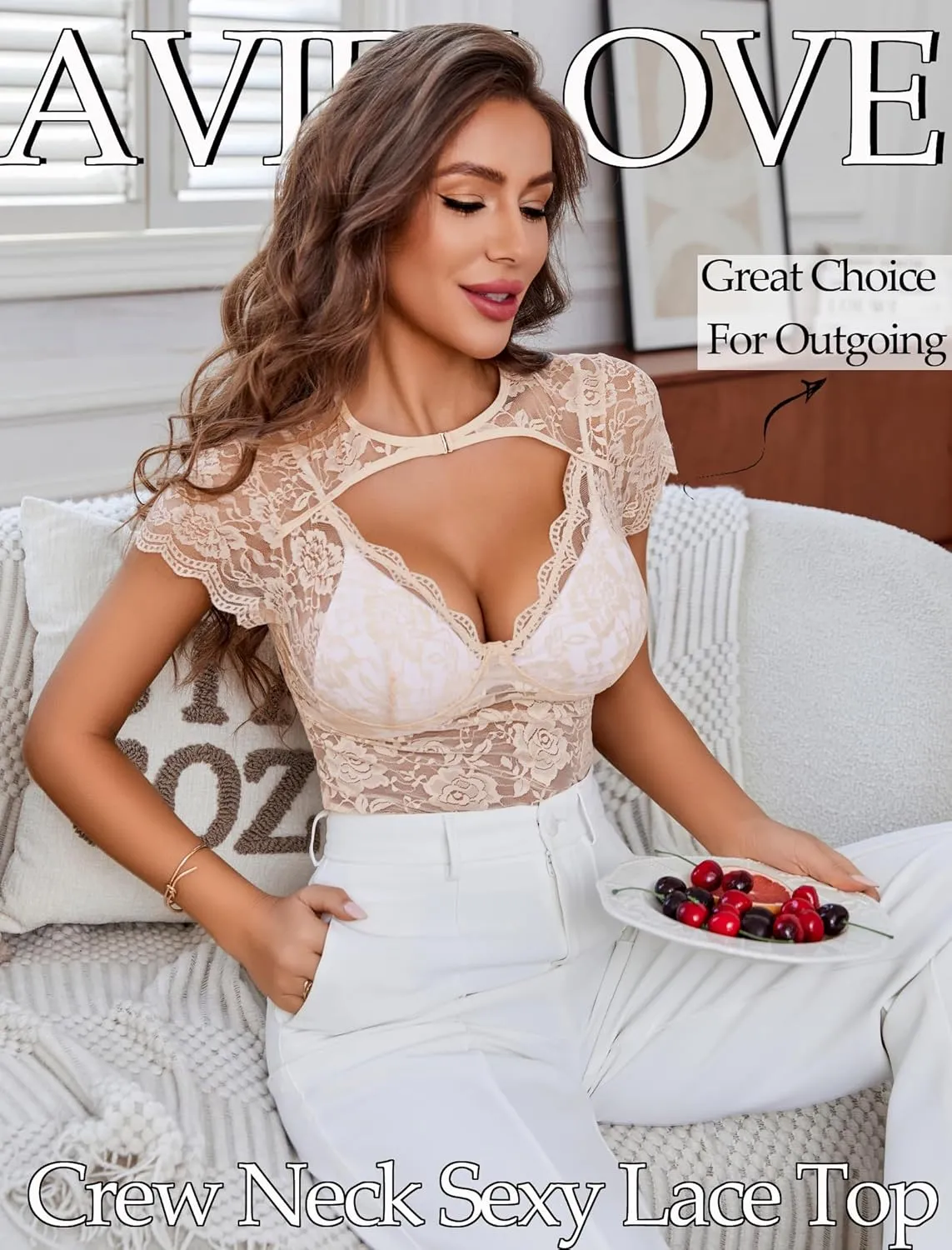 Avidlove Women's Lace Mesh Short Sleeve Top Floral Sheer See Through Blouse Sexy Tops
