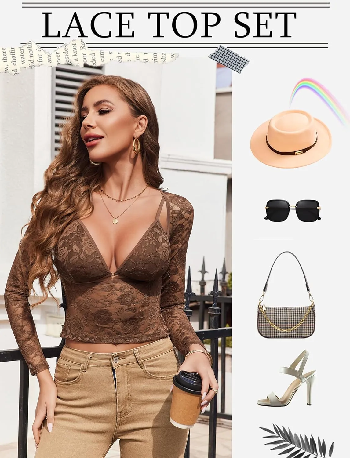 Avidlove Women's Sheer Mesh Long Sleeve Crop Top Slim Fit Shirt Sexy Bralette and Lace Top Set