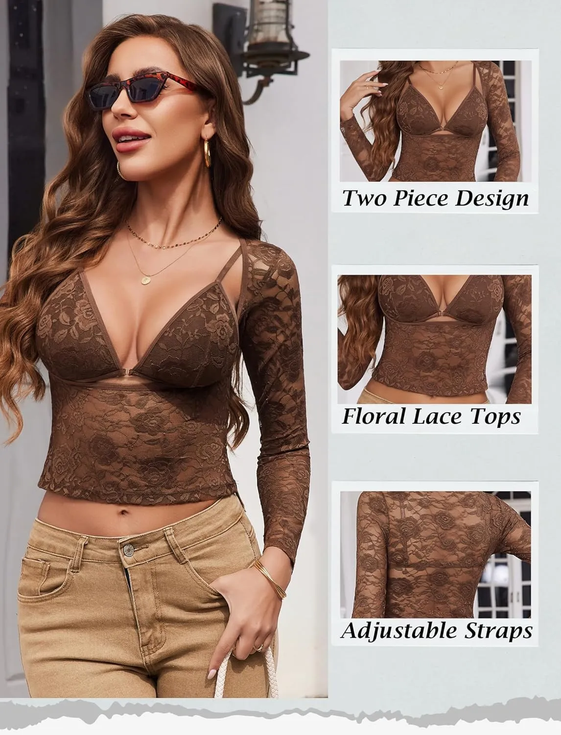 Avidlove Women's Sheer Mesh Long Sleeve Crop Top Slim Fit Shirt Sexy Bralette and Lace Top Set