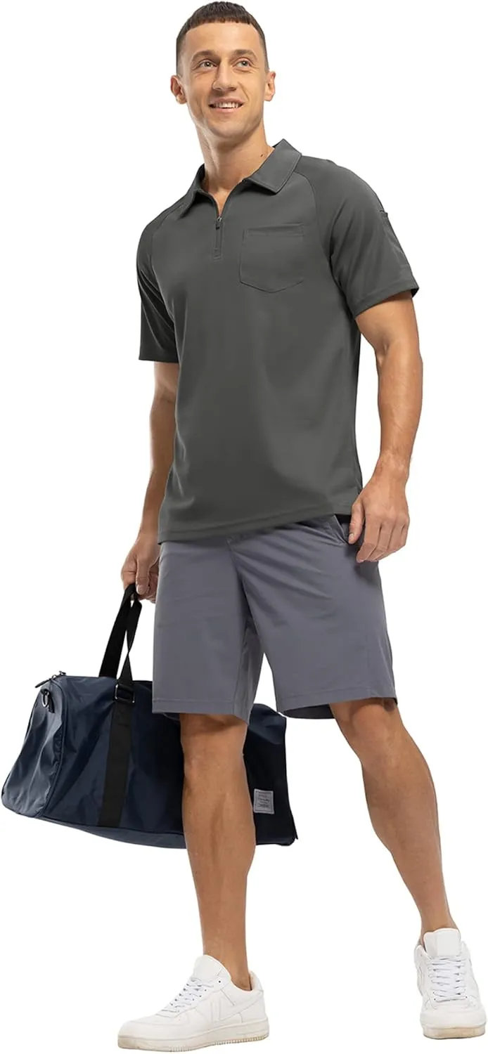 BASUDAM Men's Zippered Polo Shirts with Pocket Quick Dry Short Sleeve Active Performance