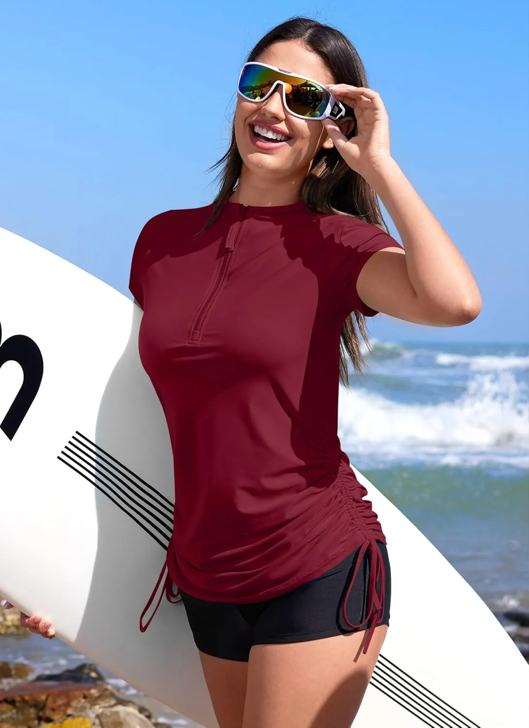 BesserBay Women's UV Sun Protection 1/4 Zip Short Sleeve Ruched Rash Guard Shirt