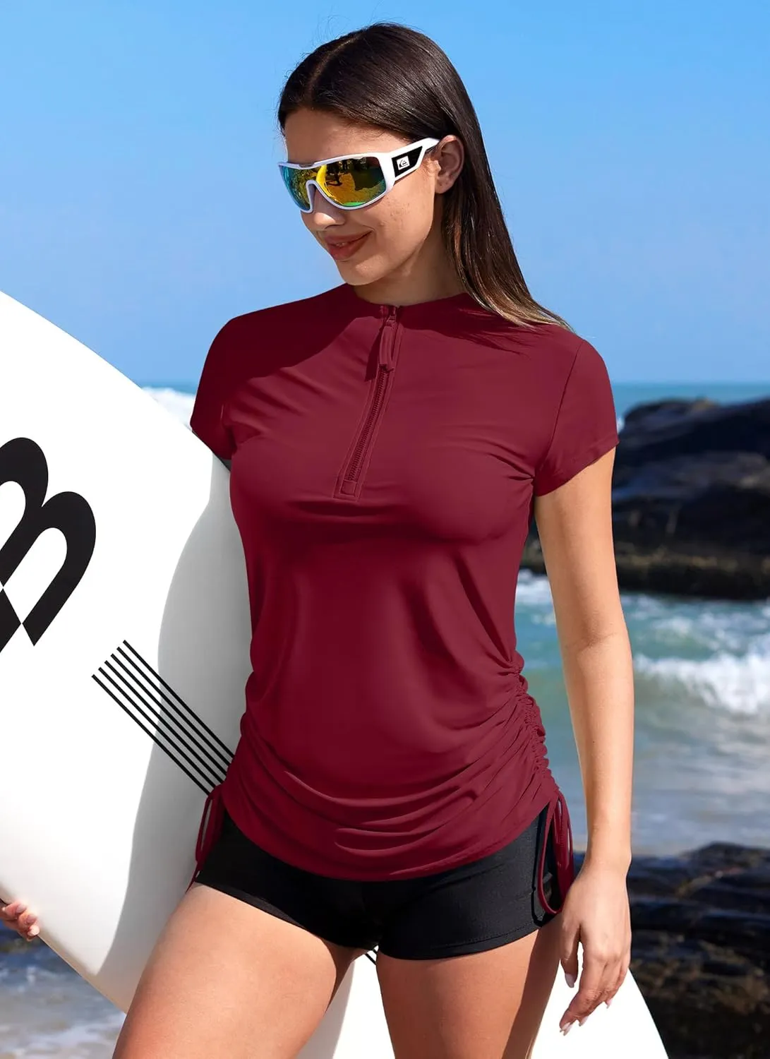 BesserBay Women's UV Sun Protection 1/4 Zip Short Sleeve Ruched Rash Guard Shirt