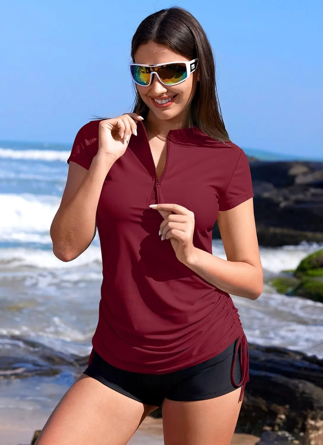 BesserBay Women's UV Sun Protection 1/4 Zip Short Sleeve Ruched Rash Guard Shirt