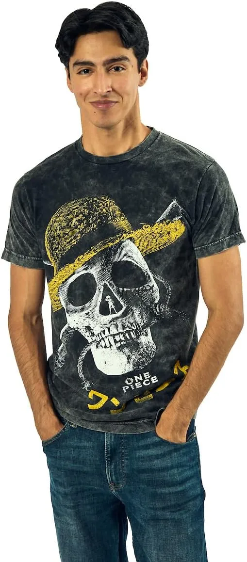 Bioworld One Piece Live Action Oversized Straw Hat Skull & Crossbones Crew Neck Short Sleeve Men's Black T-Shirt