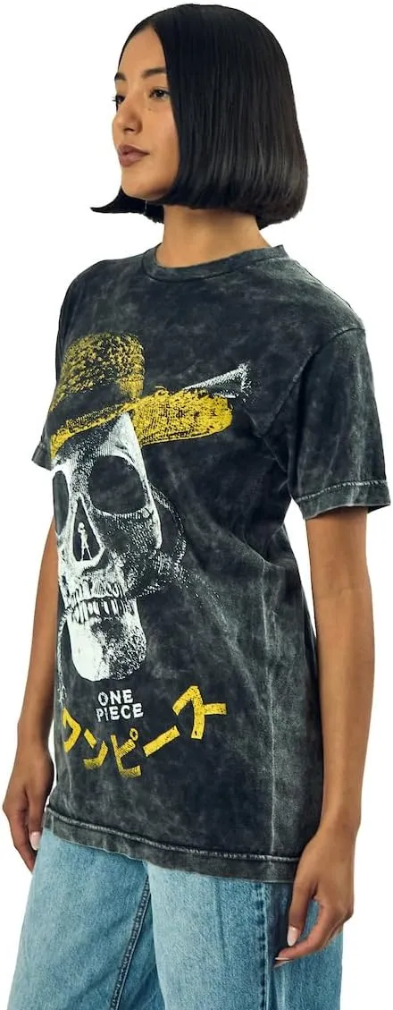 Bioworld One Piece Live Action Oversized Straw Hat Skull & Crossbones Crew Neck Short Sleeve Men's Black T-Shirt