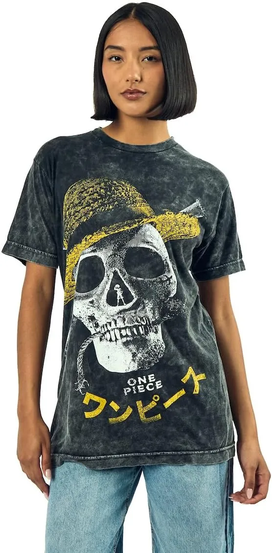 Bioworld One Piece Live Action Oversized Straw Hat Skull & Crossbones Crew Neck Short Sleeve Men's Black T-Shirt
