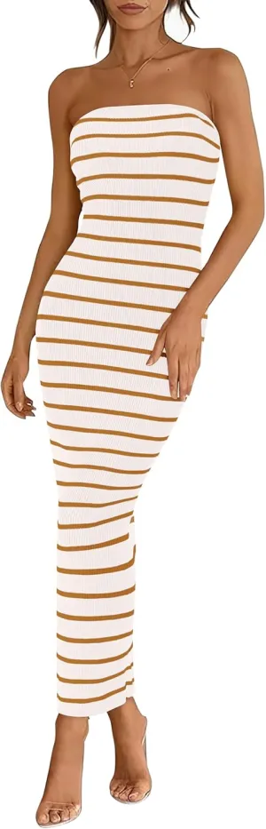 BTFBM Casual Women's Summer Dresses Bodycon Maxi Tube Striped Dress Ribbed Knit Strapless Back Slit Long Dress Party Dresses