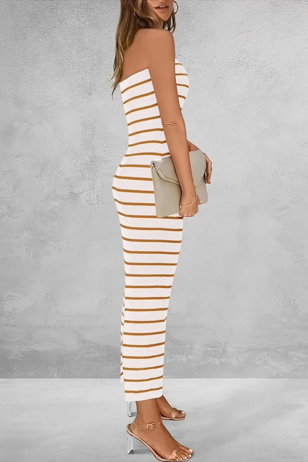 BTFBM Casual Women's Summer Dresses Bodycon Maxi Tube Striped Dress Ribbed Knit Strapless Back Slit Long Dress Party Dresses