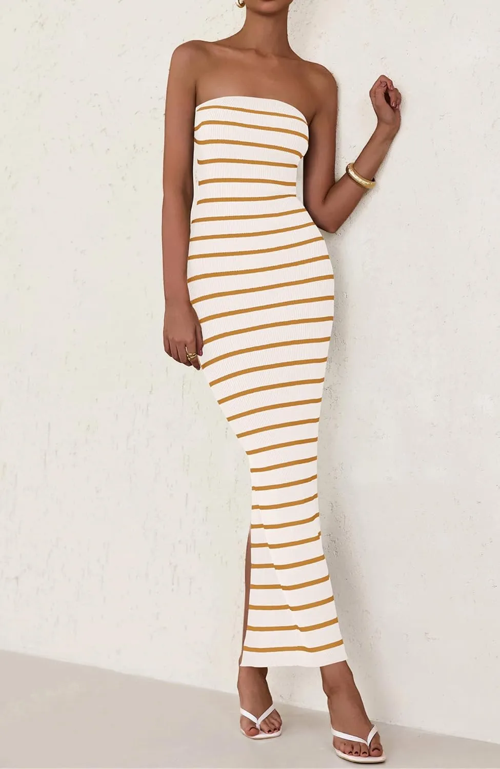 BTFBM Casual Women's Summer Dresses Bodycon Maxi Tube Striped Dress Ribbed Knit Strapless Back Slit Long Dress Party Dresses