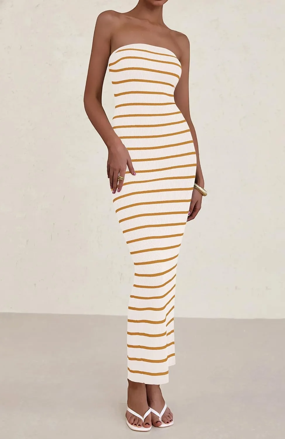 BTFBM Casual Women's Summer Dresses Bodycon Maxi Tube Striped Dress Ribbed Knit Strapless Back Slit Long Dress Party Dresses