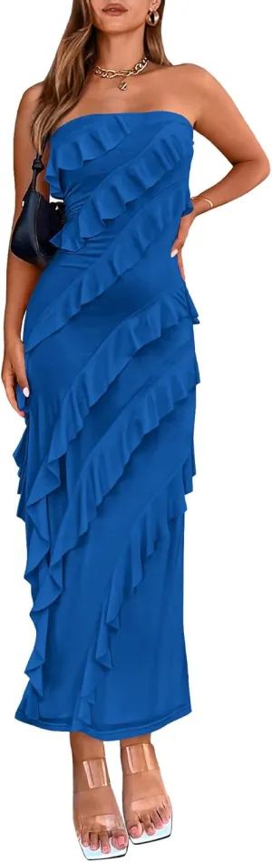 BTFBM Women Summer Elegant Strapless Midi Ruched Bodycon Dress Solid Color Stretch Mesh Slim Party Cocktail Dresses