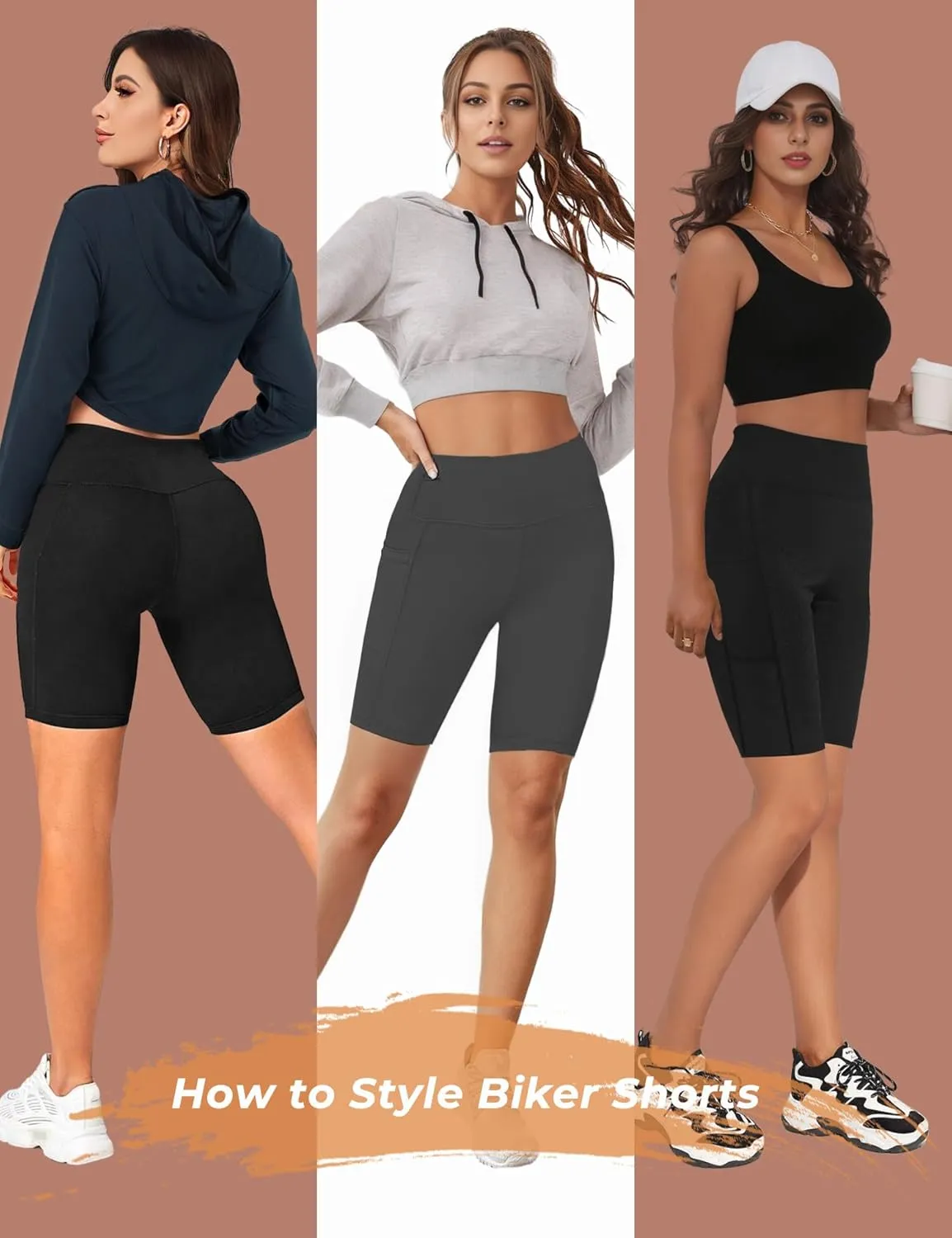 Buauty 2/3 Pack Biker Shorts Women Tummy Control with Pocket 8" High Waisted Yoga Running Workout Spandex Compression Shorts